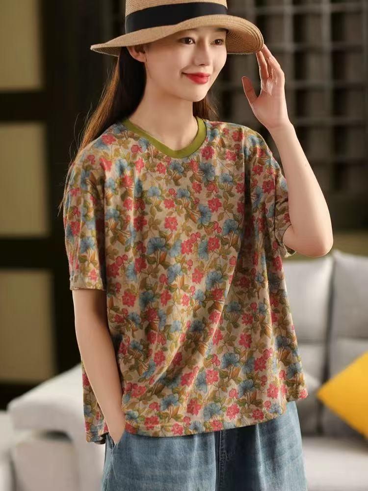 Johnature Women Print Floral T-Shirts O-Neck Short Sleeve Soft Summer Loose Casual T-Shirts