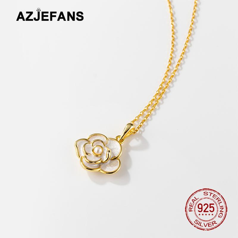 S925 Sterling Silver Camellia Synthetic Pearl Women Necklace Jewelry