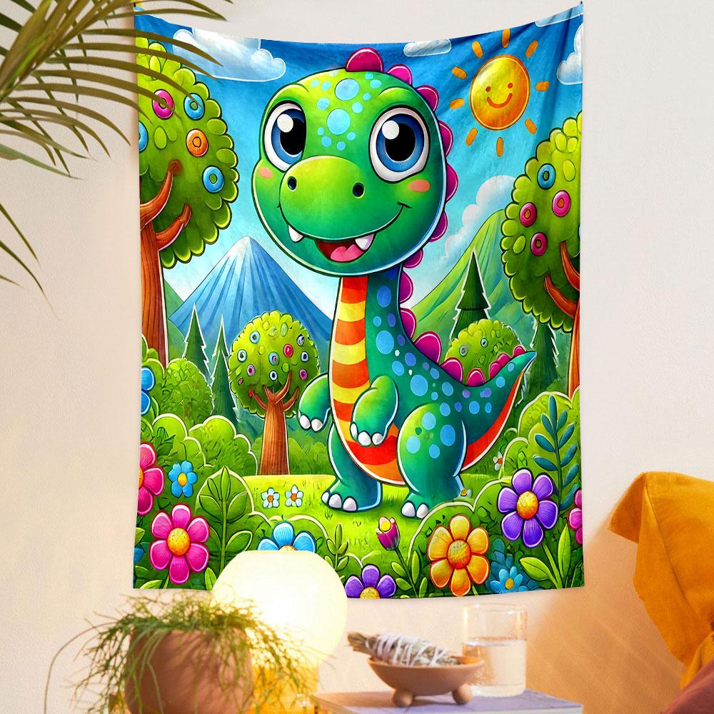 Cute Cartoon Dinosaur in a Colorful Forest Patterned Tapestry Decorative Wall Hanging, Home Bedroom Living Room Decor