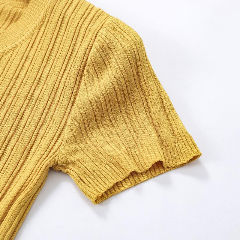 Летняя женская футболка, вязаный пуловер с короткими рукавами, вязаная футболка с круглым вырезом, облегающий топ