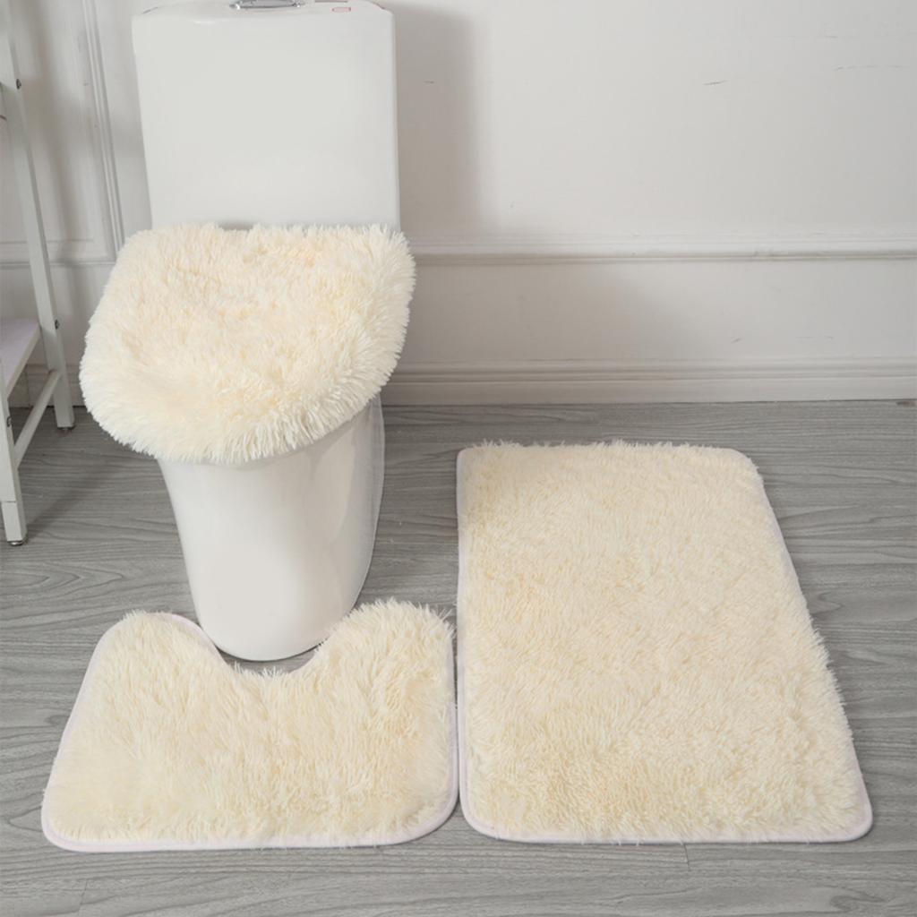 3pc Bathroom Set Rug Mat Toilet Lid Cover Plain Solid Color Bathmats