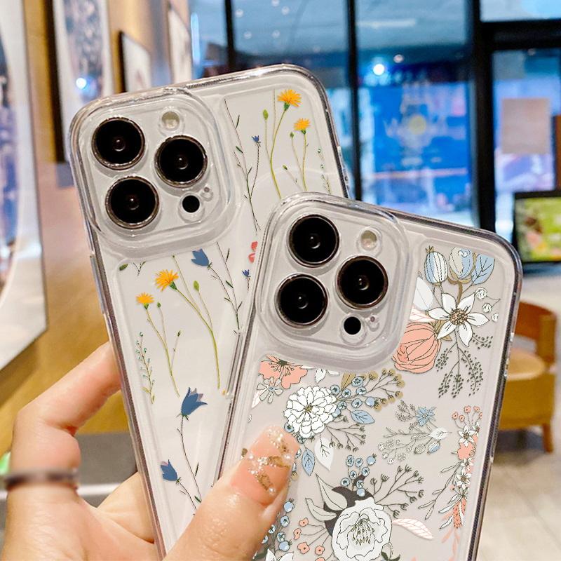 Прозрачный чехол с цветочным принтом для iPhone 16 15 14 11 Pro Max 13 12 Mini 15 14 Plus XR Xs Max 7 8, защита объектива, ударопрочный цветной силиконовый чехол