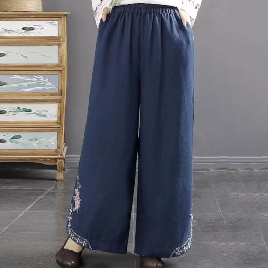 Длинные брюки в китайском стиле с эластичной резинкой на талии, широкие повседневные брюки с карманами, свободные брюки в стиле ретро