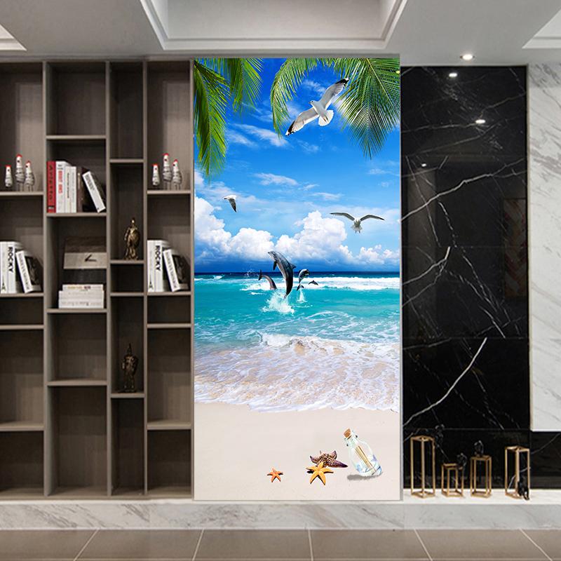Sea View Of The Beach Under The Coconut Tree DIY Door Wall Sticker Home Decor Living Room Self-adhesive Waterproof PVC Wallpaper