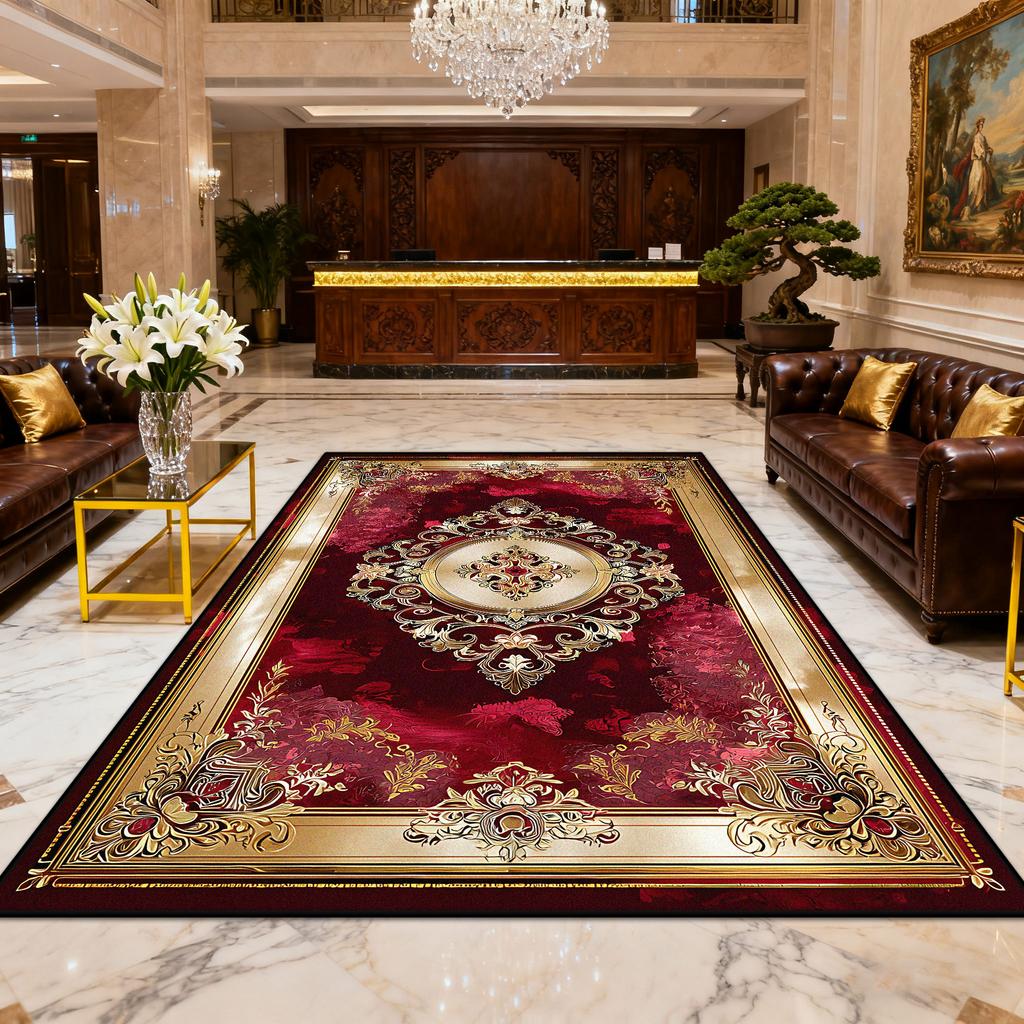 European Luxury Red Gold Easy Clean Carpet for Living Room Decoration Bedroom Bedside Fluffy Rug Large Area Non-slip Floor Mats