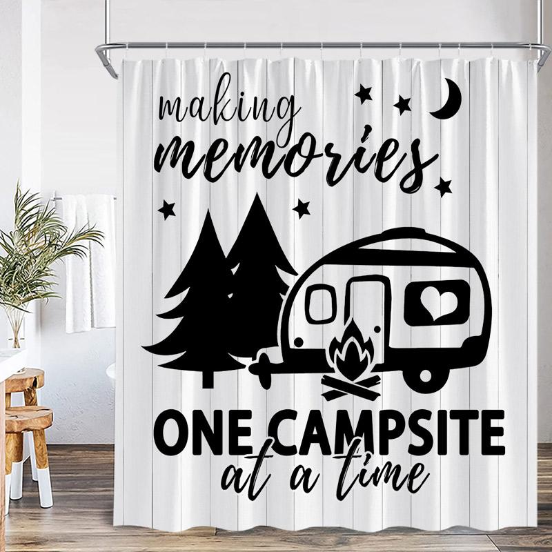 Винтажные Шторки для Душа в Кемпинге Абстрактный Горный Кемпер Лесной Пейзаж Полиэстер Декор для Домашней Ванной Комнаты с Крючками
