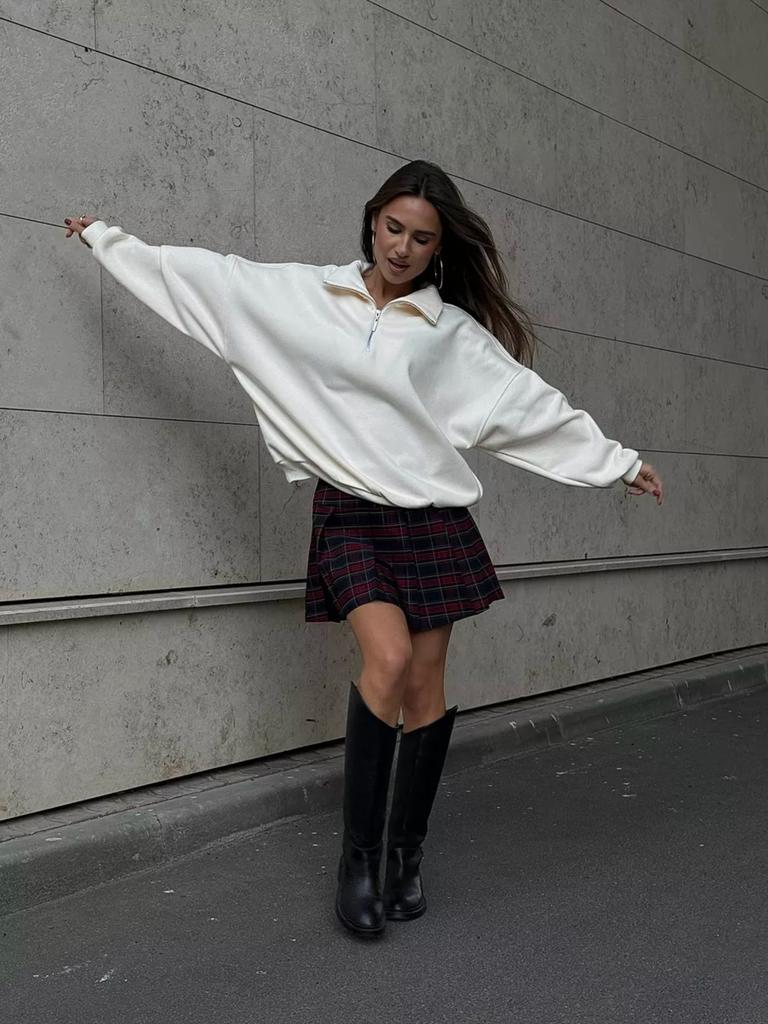 Однотонная верхняя одежда на половину молнии со стойкой воротником, модный трендовый свитшот с лацканами, свободный топ