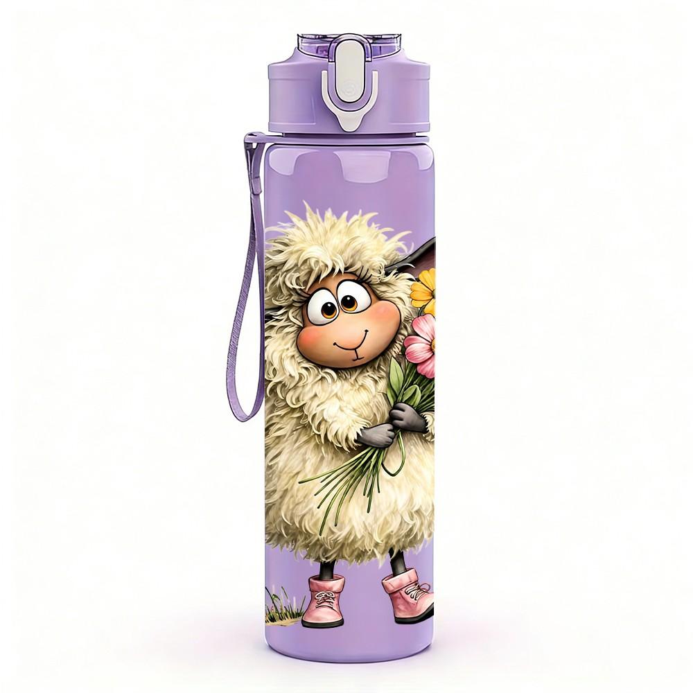 1PC Sheep Hold Flower Bouquet 750ml Color Plastic Sports Water Bottle Leakproof Flip Straw Lid Suitable for Sports Office Home Use