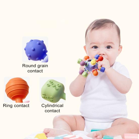 Детские погремушки для прорезывания зубов, сенсорные игрушки для младенцев, жевательные игрушки, красочный шарик для ловли рук с рукояткой из нескольких текстур
