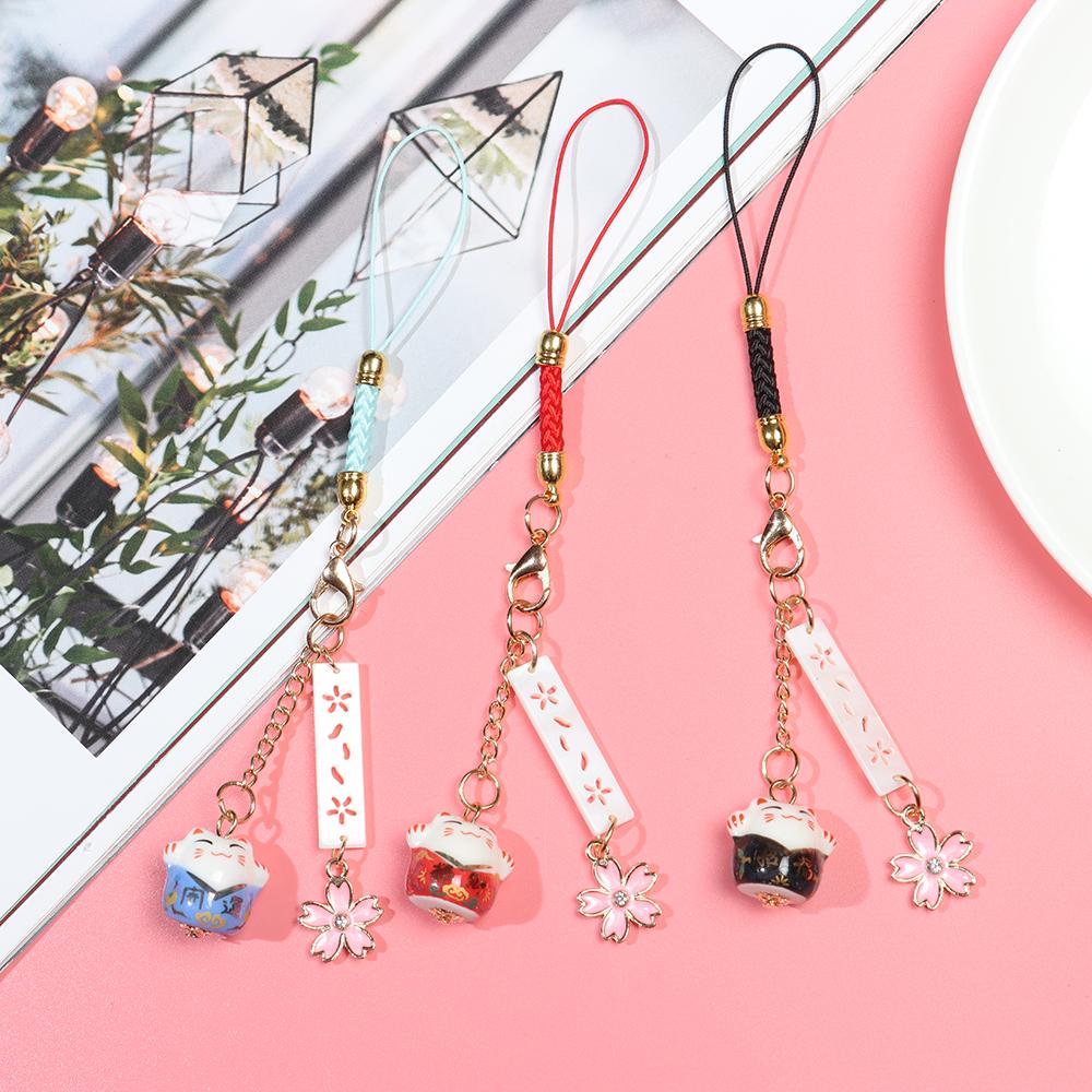 Blossoms Keychain Wrist Rope Anti-lost Lanyard Sakura Lucky Cat Phone Lanyard Phone Strap Lanyard