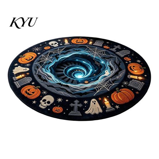 Soft Crystal Velvet Mat 3D Illusion Halloween Rug, Spooky Ghost Round Area Non-Slip Rug Floor for Living Room Bedroom Entrance Home Decor Holiday