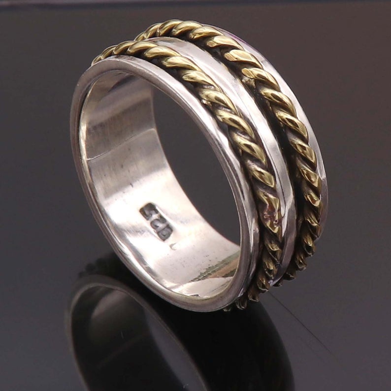 Кованое кольцо в стиле бохо, трехцветное кольцо-спиннер, серебро 925 пробы, кольцо для медитации, кольцо-спиннер ручной работы, подарок для нее, подарок на день рождения