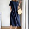 Women's Loose Cotton Dress Summer Casual Plus Size Midi Dress Crew Neck Short Sleeve Pleated Swing Dress with Pockets