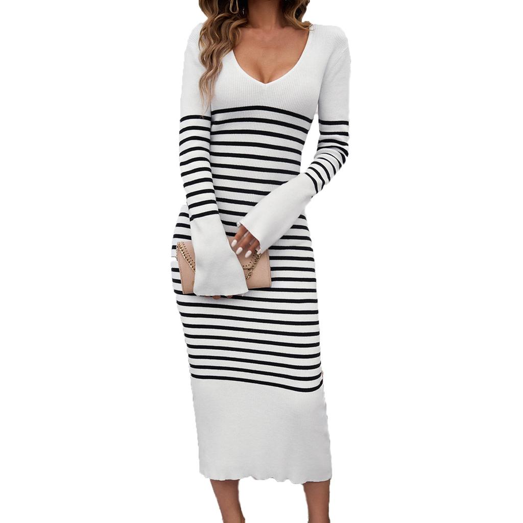 Женское повседневное модное сексуальное удобное полосатое платье с длинным рукавом