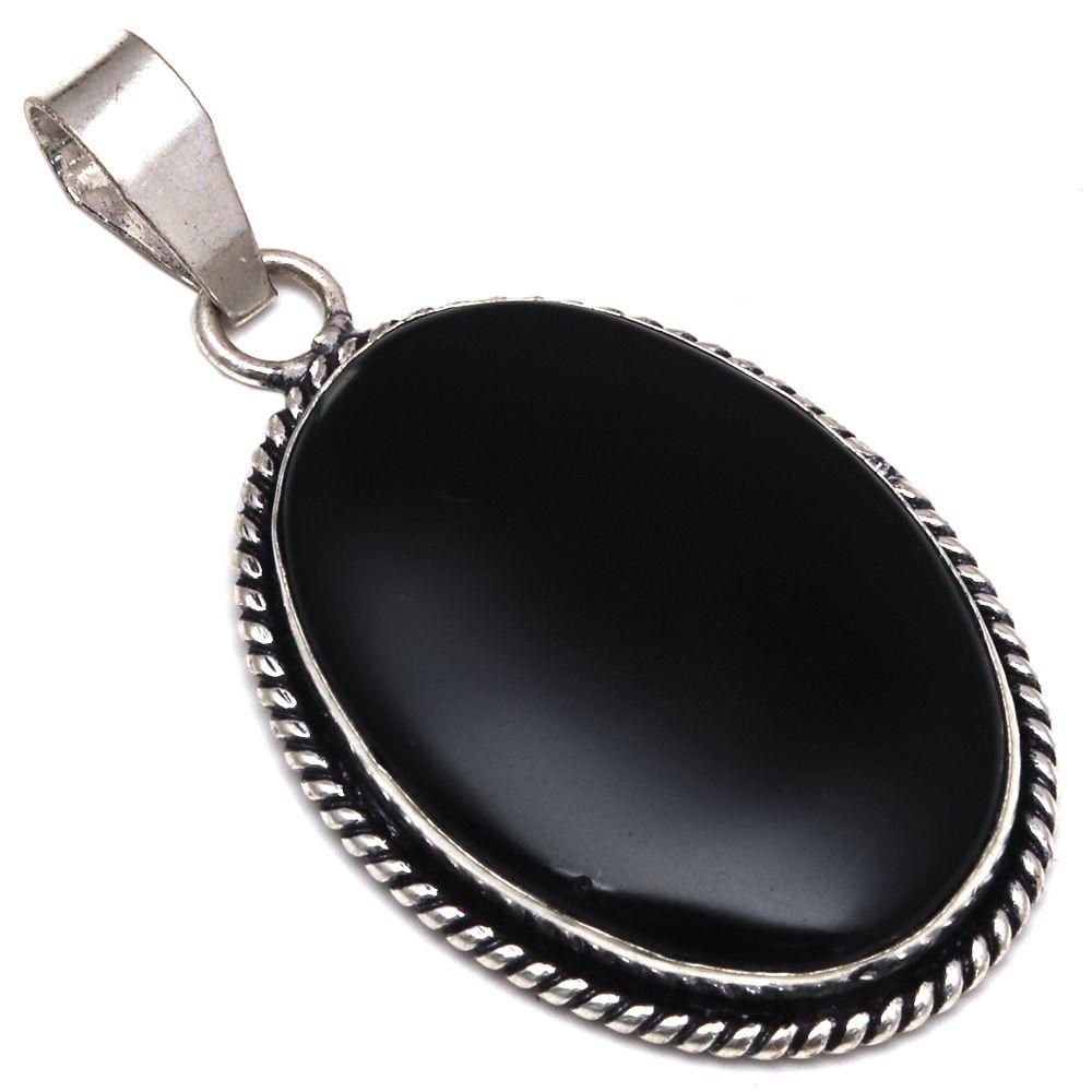 Pendant Black Obsedian Gemstone Mother'Day Gift Silver Jewelry 2"