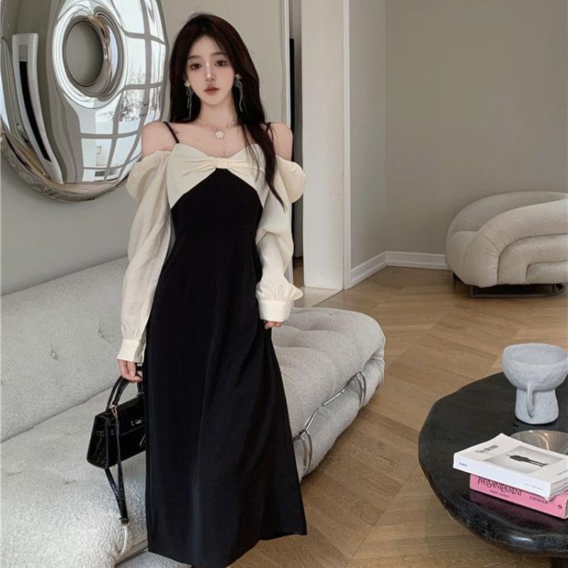 Темпераментное женское платье с длинными рукавами в стиле Хепберн, тонкая, с высокой талией, черная длинная юбка с лямкой на шее, плиссированная молния с дизайном
