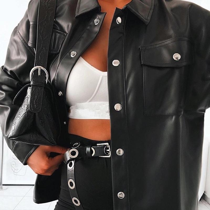 Streetwear Black PU Leather Blouse Women Cardigan Buttons Fashion Women's Shirt Top Long Sleeve Solid Leather Blouses