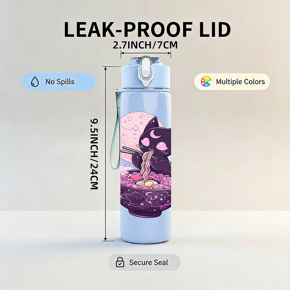 1PC Purple Cat Moon Night Print 750ml Color Plastic Sports Water Bottle Leakproof Flip Straw Lid Suitable for Sports Office Home Use