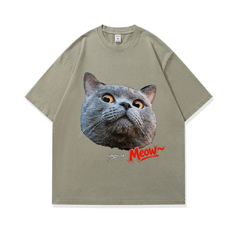 Men'S T-Shirt Street Retro Cat Digital Direct Injection Printing Pod Custom Cotton Washed Short-Sleeved T-Shirt Men