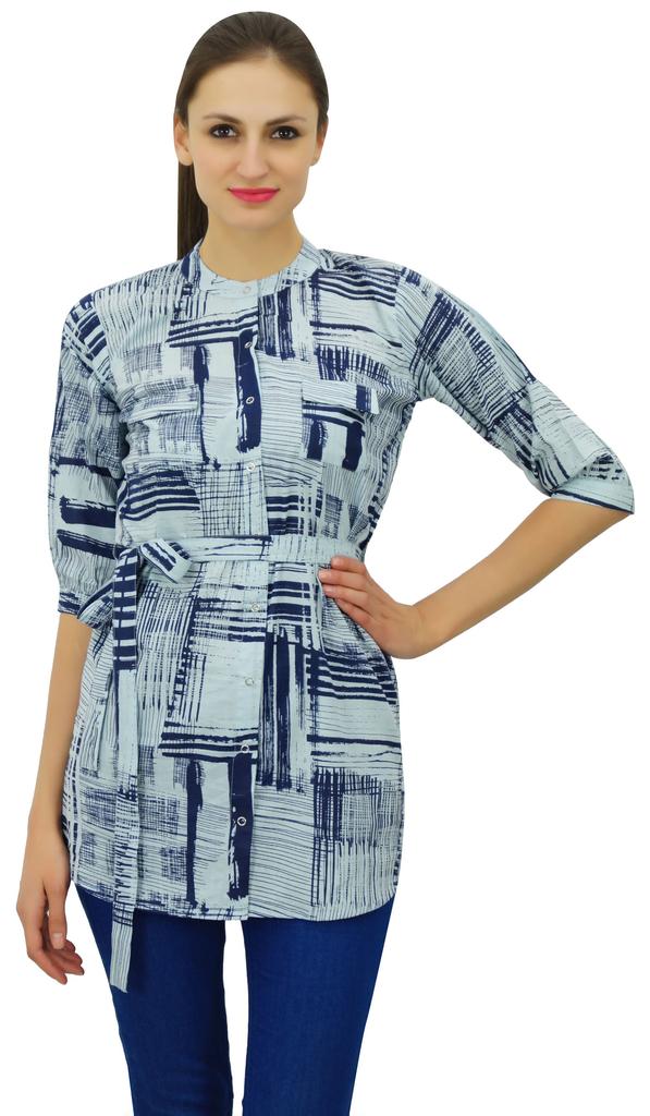 Bimba Indian Grey Tunic Top Cotton Printed Mandarin Collar Neck 3 4 Sleeve Blouse Casual