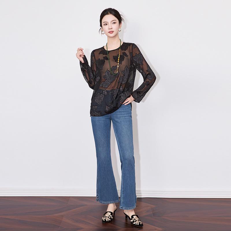 Elegant Georgette Cut-Out Long Sleeve Top - New Chinese Round Neck Style (2501209)