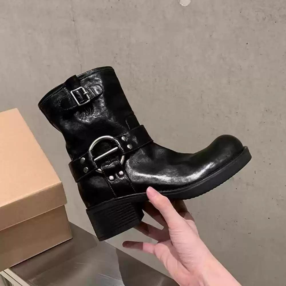 Версия из коровьей кожи~ натуральная кожа ретро металлическая пряжка толстый каблук вестерн короткие сапоги женские осень и зима новые панк локомотив рыцарские сапоги