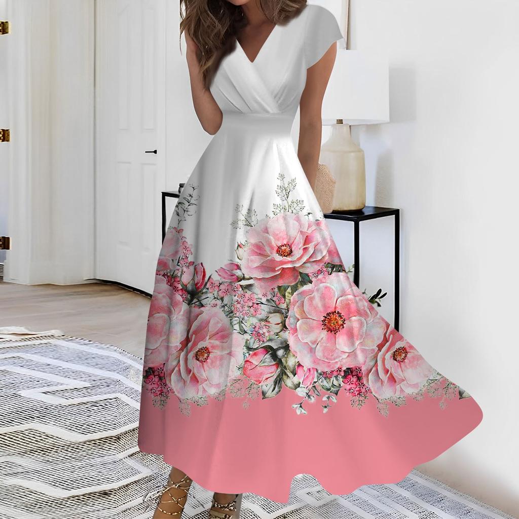 Женское длинное повседневное платье. Летнее платье с короткими рукавами и v-образным вырезом на талии с принтом.