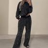 2 Pcs/Set Women Top Pants Suit Sequin Round Neck Long Sleeves with Elastic Cuffs Elastic High Waist Wide Leg Trousers Set Daily Casual Commuting