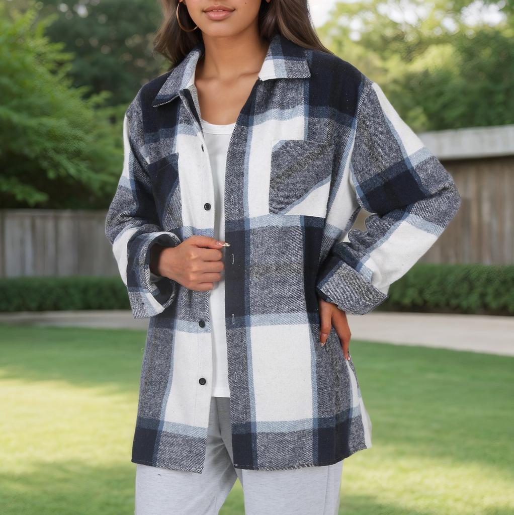 Женское пальто осень и зима клетчатая рубашка пуговицы модное шерстяное пальто