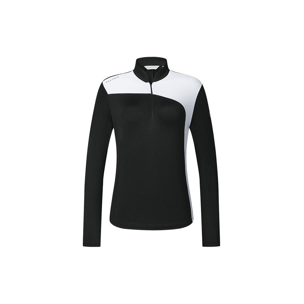 Fila Color Block Stand Collar Golf Stretch Knit Long Sleeve T-Shirt Women Tops Deep-Black A11W415202F-BK