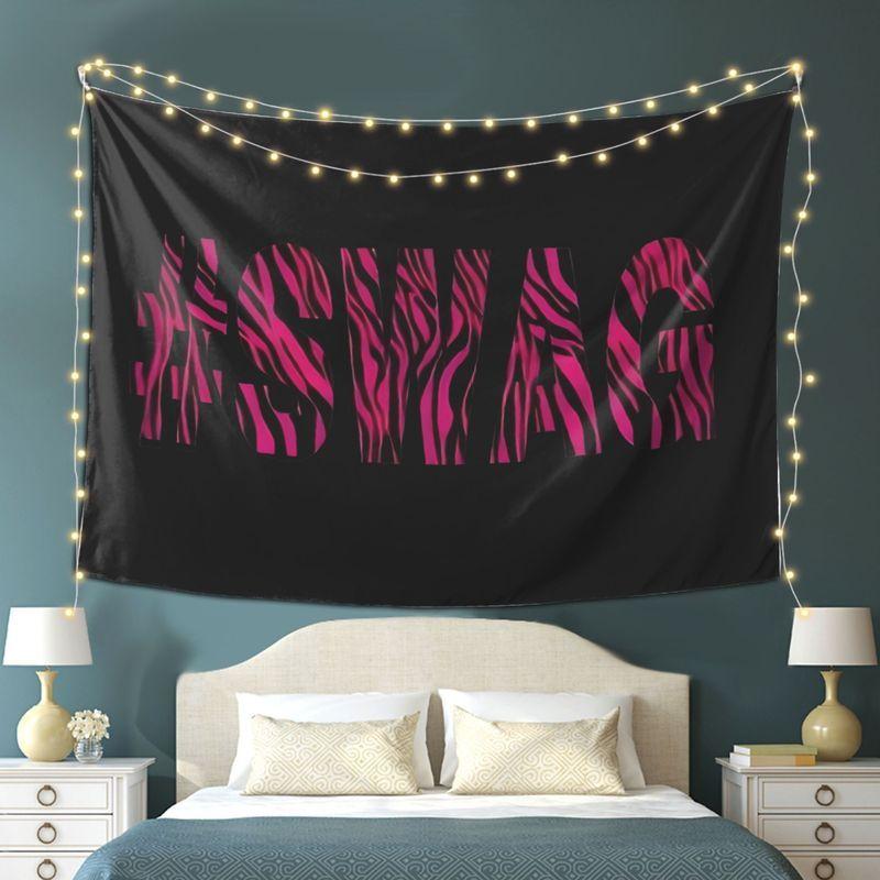 SWAG Zebra Print Pink Quote Wall Tapestry Black Background Magenta Striped Animal Pattern Bold Text Trendy Bedroom Living