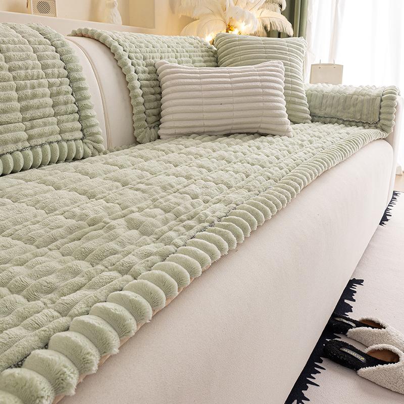 Quilted Stripe Imitation Rabbit Fur Plush Sofa Slipcover Winter Warm Non-slip Sofa Towel Couch Cushion For Living Room Home Deco