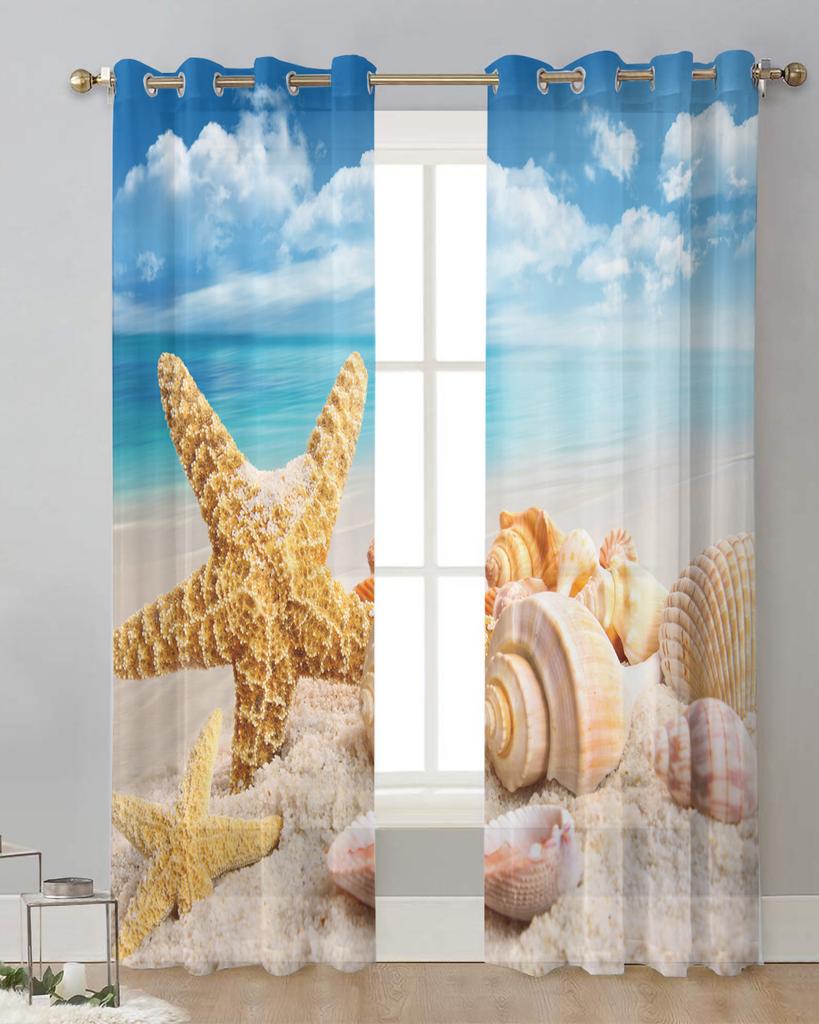Beach Sea Starfish Shells Blue Sky Sheer Curtains for Living Room Decoration Window Curtains Kitchen Tulle Voile Curtains