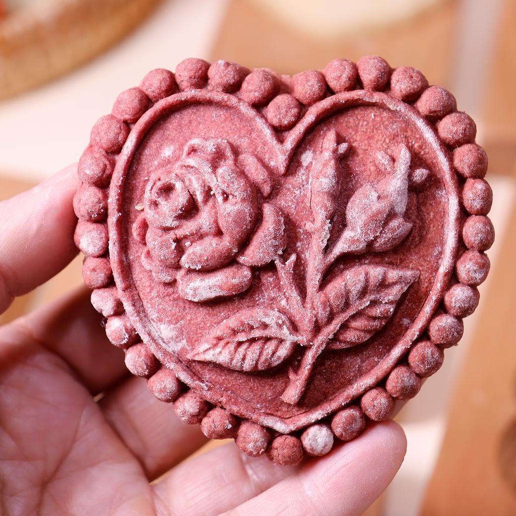 Wood Cookie Molds with Heart & Flower Patterns, 3D DIY Carved Embossed Cookie Cutter Moulds for Baking, Fondant Cake Biscuit