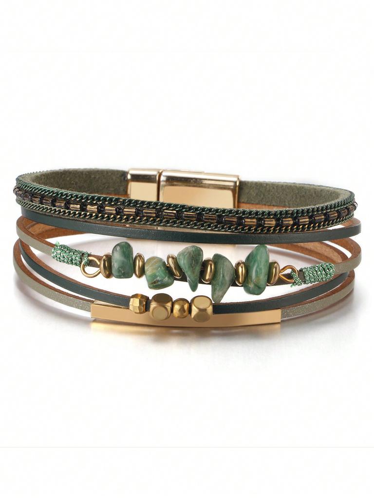 One Piece European and American Style Natural Stone Beaded Brass Tube Design Cowhide Rope Women Green Bracelet Summer Beach