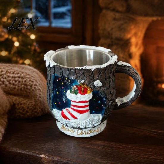 Christmas Mug Decorations Theme with Stainless Steel Liner, 3D Relief Hand Snowman Gift Mugs Painted Resin Coffee Cup, Decorative Drinkware
