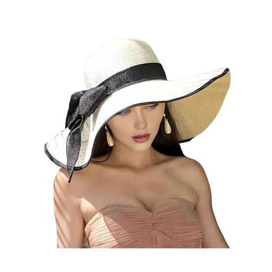 Women Straw Hat Wide Brim Breathable Lightweight Sun Protection Hat with Lace-up Bowknot Decor Sun Hat