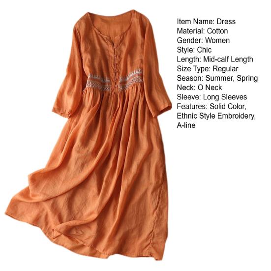 Женское весенне-летнее платье с круглым вырезом в этническом стиле с вышивкой и длинным рукавом с высокой талией трапециевидной формы, полуоднобортное сплошное цветное двухслойное платье миди