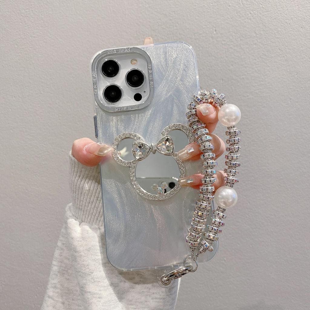 Гальваническая рамка Перо Пряжа Подходит для Apple 15pro Микки Зеркало с браслетом IPhone16promax Жесткий чехол для мобильного телефона