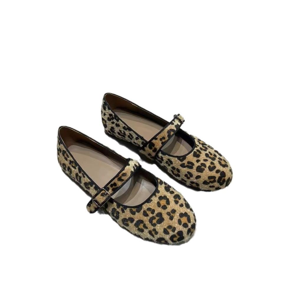 Версия из овчины~ Корейская версия нишевой леопардовой кожи, однословная пряжка, одинарная обувь, женские балетки, туфли Мэри Джейн