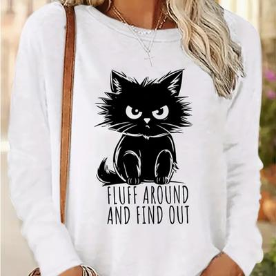 Топы для женщин, крутая черная кошачья футболка с круглым вырезом и длинными рукавами, осенний повседневный тонкий пуловер, женский топ с длинными рукавами