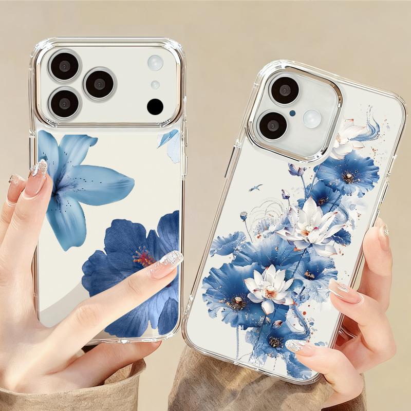 Чехол с принтом «Цветы» для iPhone 17 Pro Max iPhone 16 15 14 13 Pro Max 11 17e 16e Рамка для камеры с покрытием Прозрачная мягкая силиконовая задняя крышка