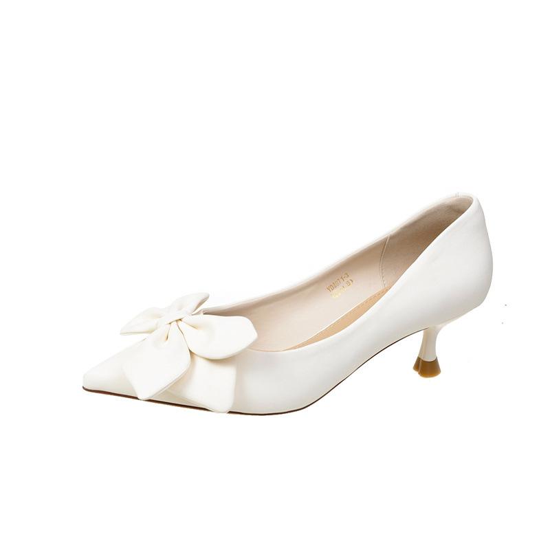 Туфли на каблуке с острым бантом для женщин 2024 года, весна/лето, новые простые модные туфли на тонком каблуке для женщин