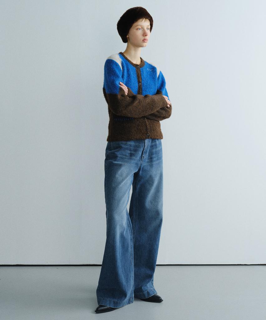 EN OR Color Block Crew Neck Cardigan - Blue