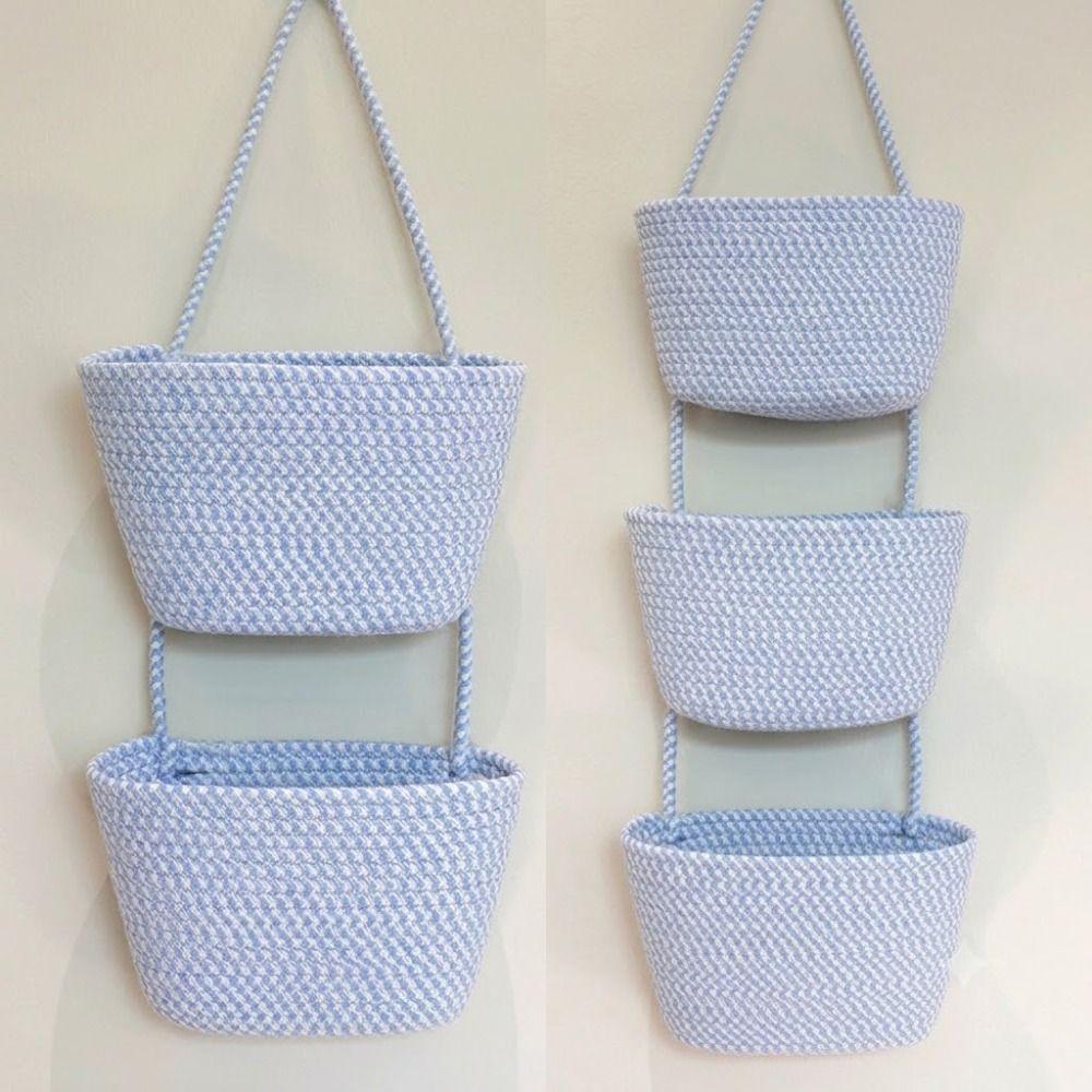 Handwoven Wall Mount Organizer 2/3 Layered Rope Woven Basket Hanging Storage Basket Living Room