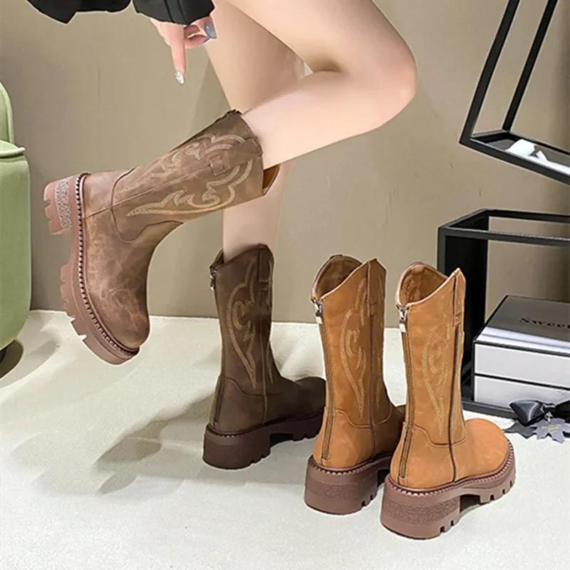 Ретро Вышитые Ботильоны на Массивной Платформе Женские Зимние Кожаные ПУ Ботинки на Молнии для Женщин Нескользящие Ковбойские Ботильоны