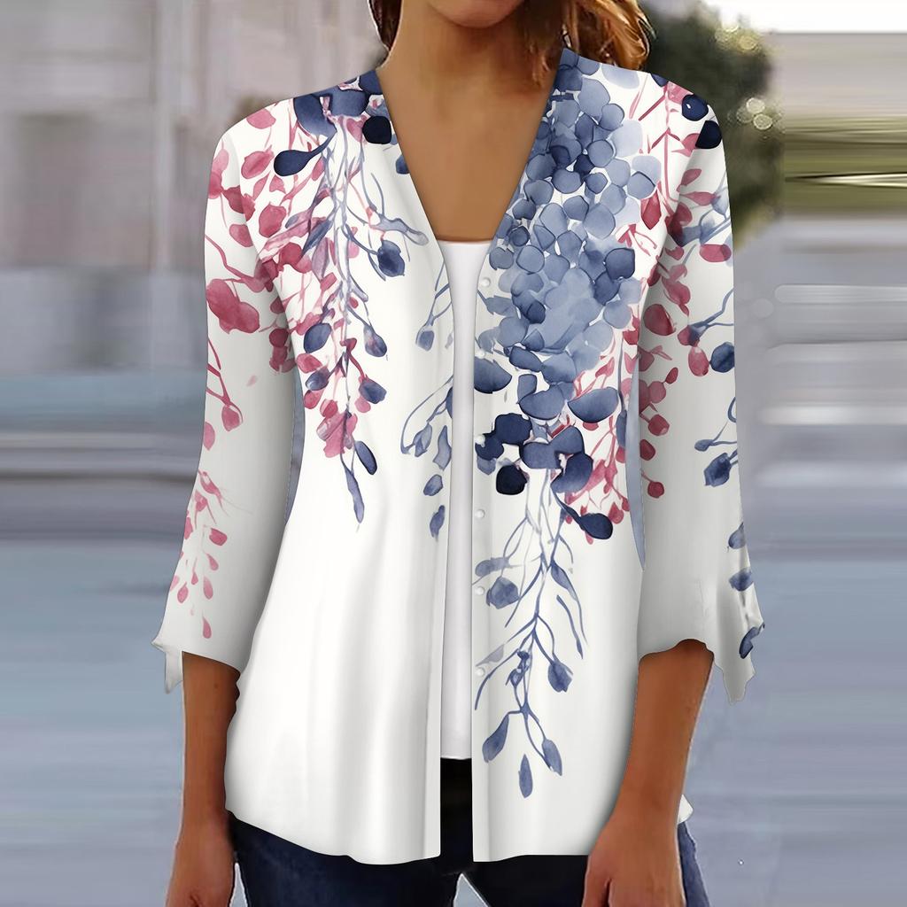 Рубашки с рукавом 3/4 для женщин, свободная футболка с принтом, топы с v-образным вырезом и рюшами на рукавах