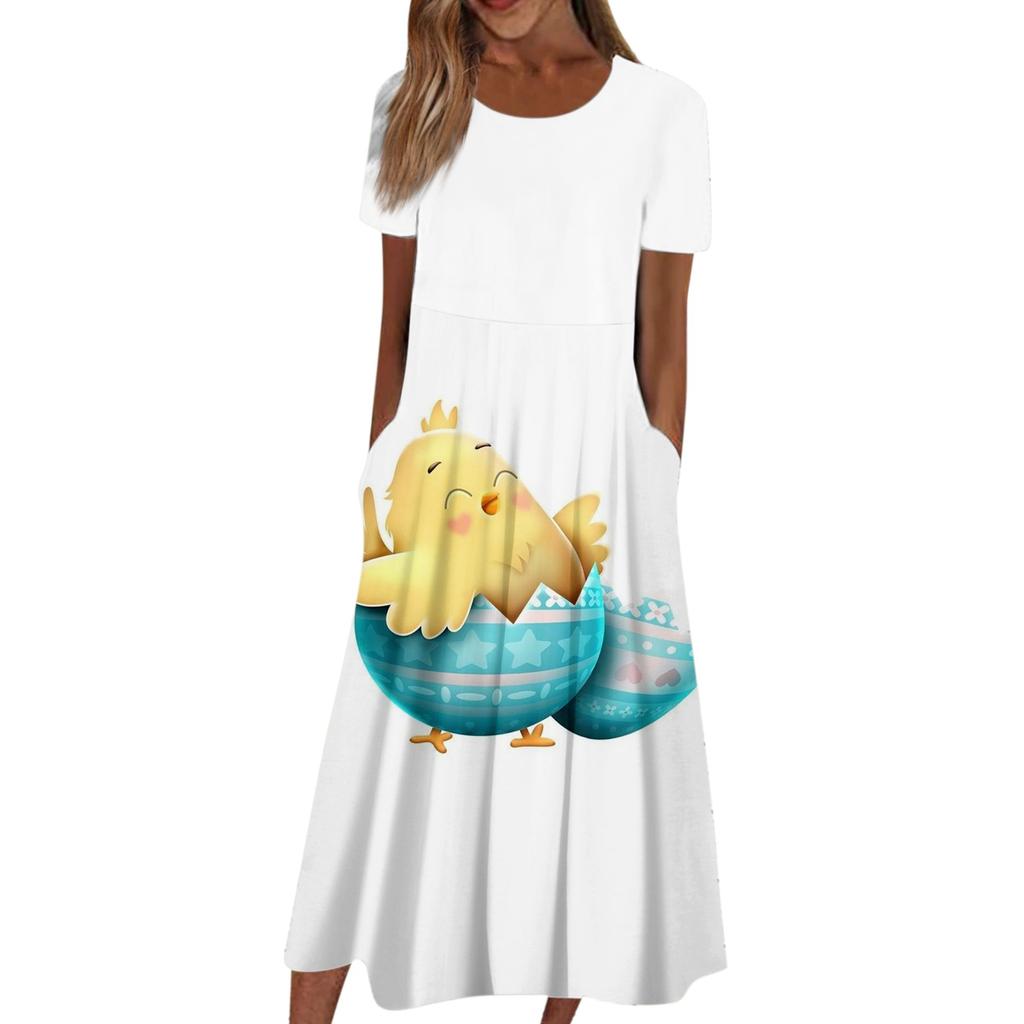 Women's Summer Casual Fashion Easter Printed Short Sleeve Round Neck Pocket Dress