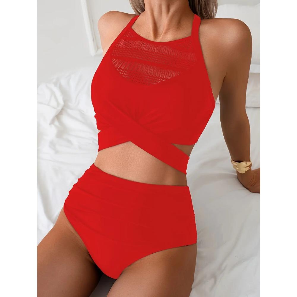 Сексуальный Черный Сет Бикини с Сетчатыми Вставками 2025 Женский Купальник с Завязками на Шее и Крестом Высокая Талия Пляжный Купальник