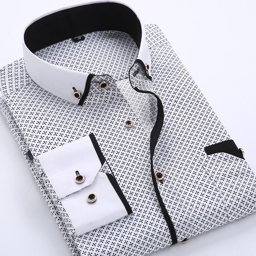 Business Casual Men's Shirt Printed Thin Youth Slim Long-sleeved Shirt